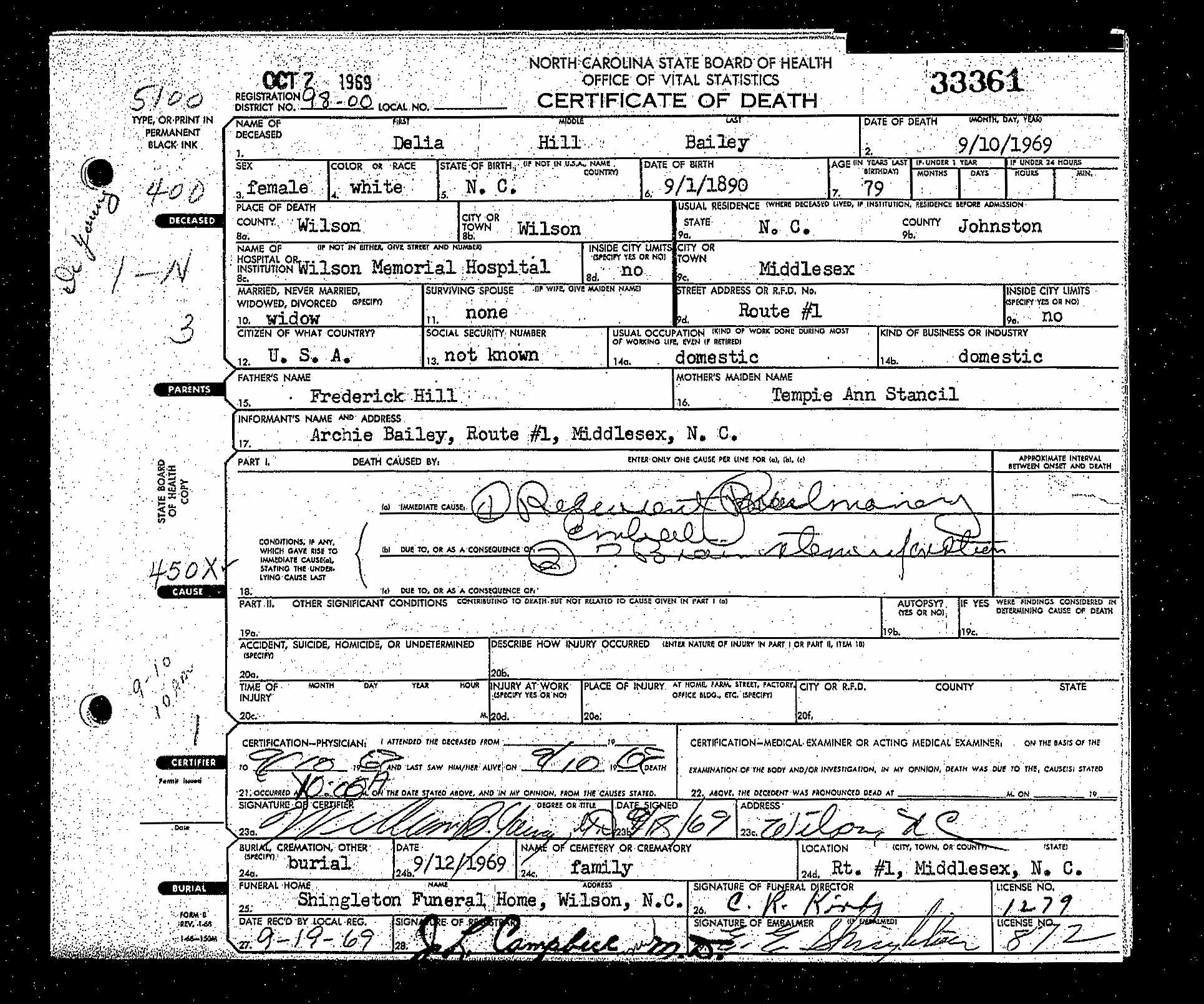 Delia Hill Bailey's death certificate.