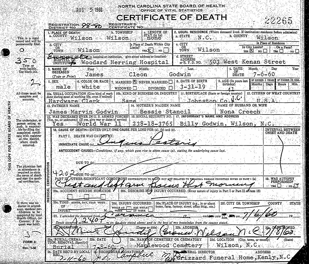 James Cleon Godwin's death certificate
