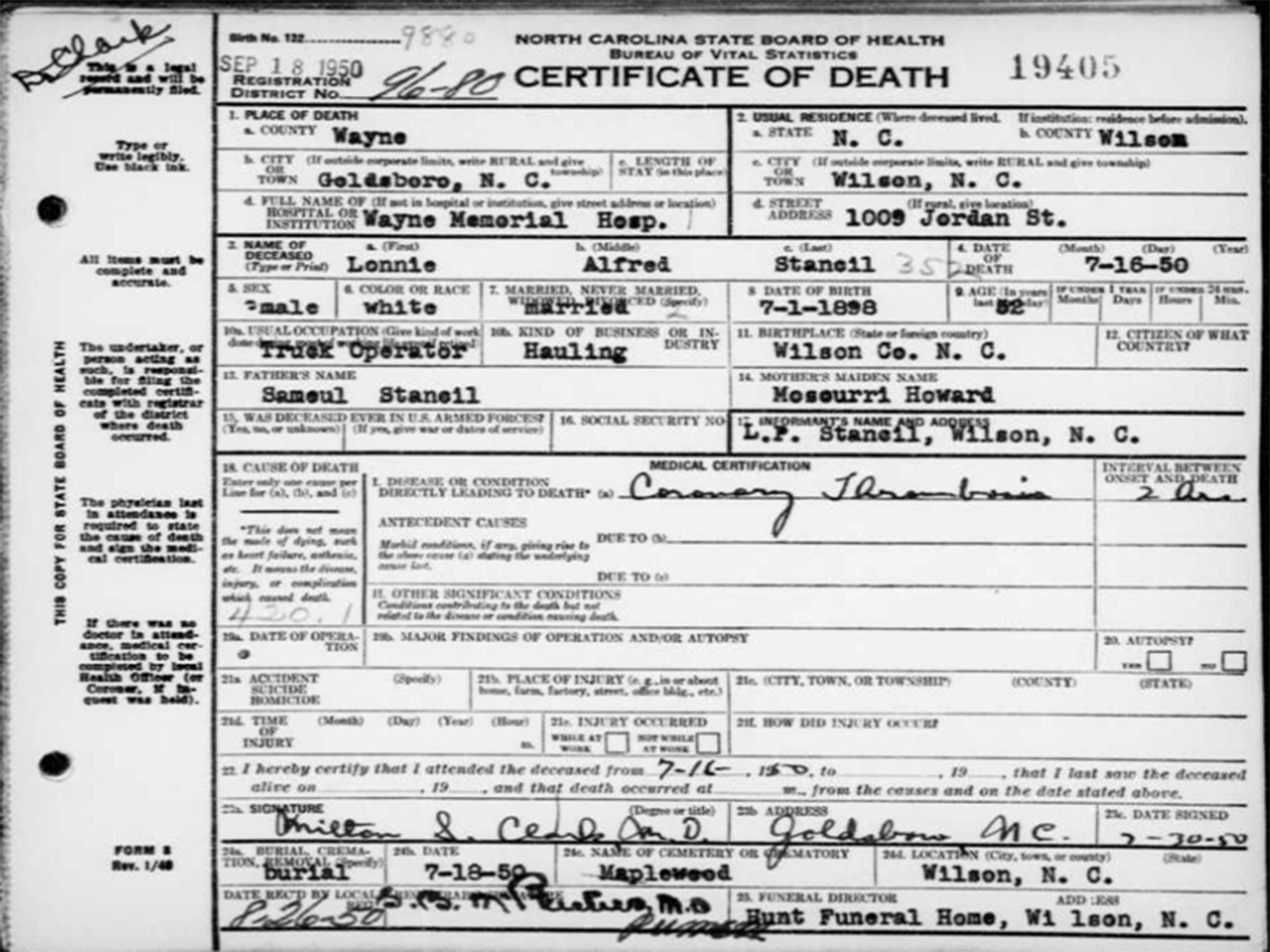 Lonnie Alfred Stancil's death certificate