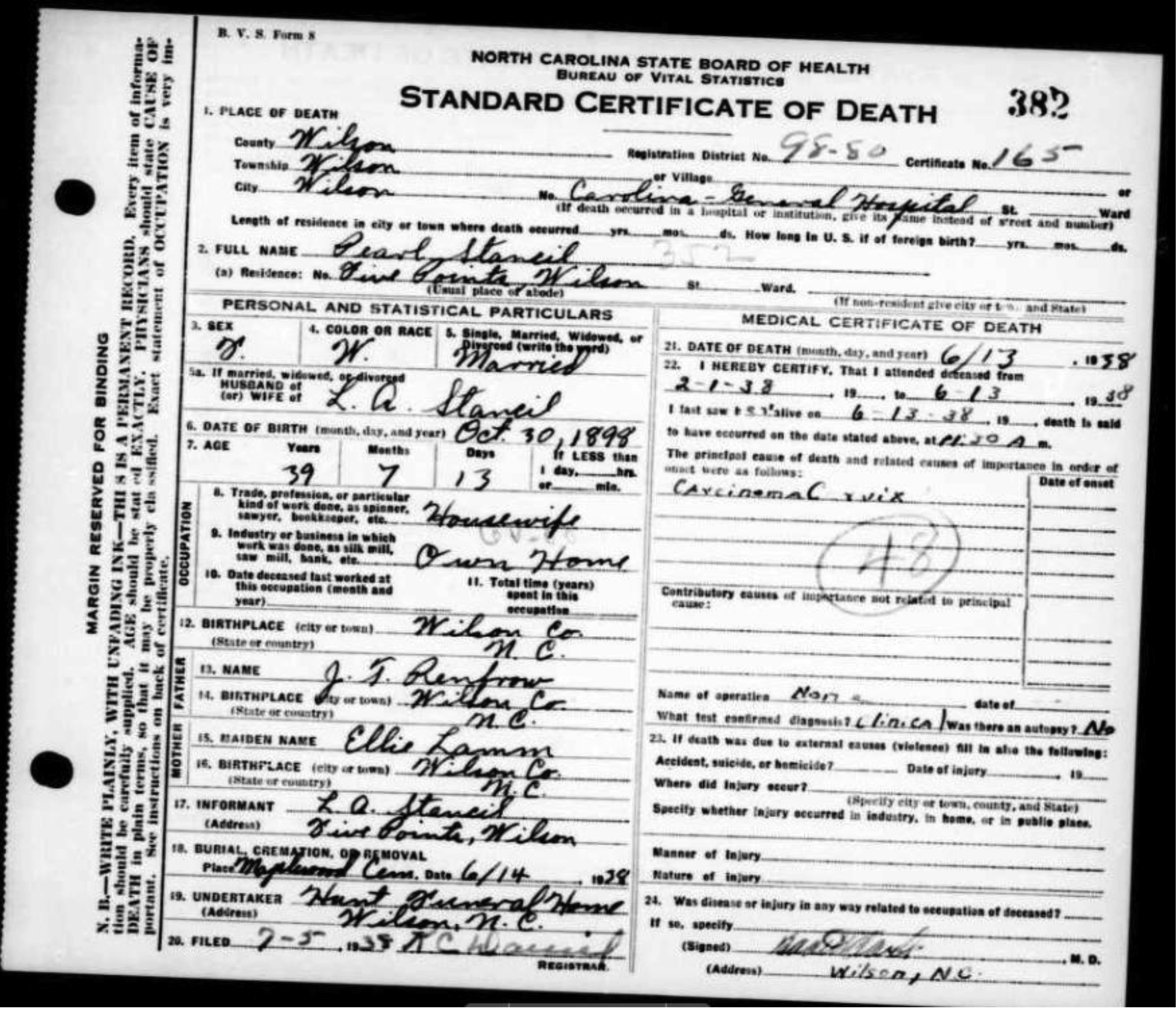 Susan Renfrow Stancil death certificate