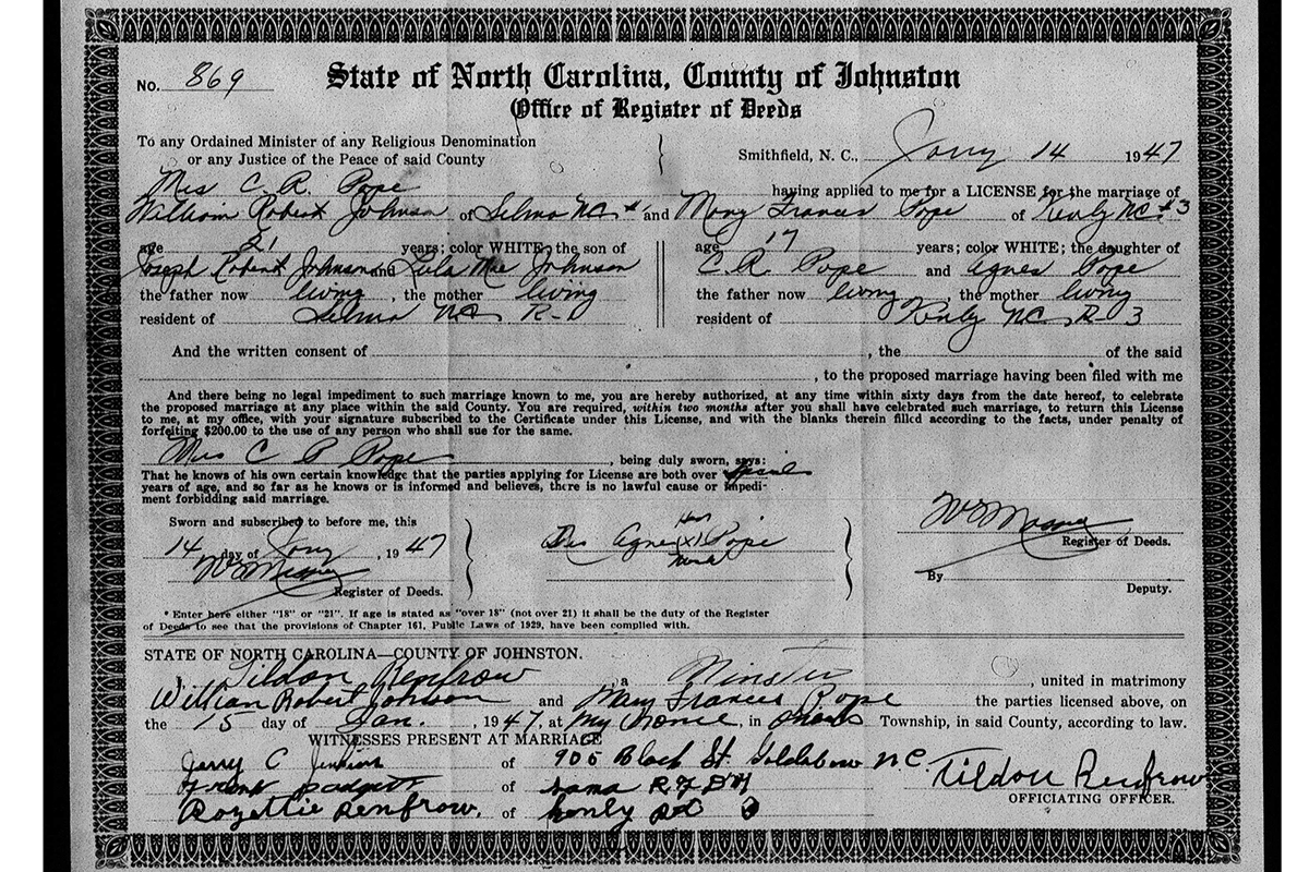 Frances and William's marriage certificate from 1947.