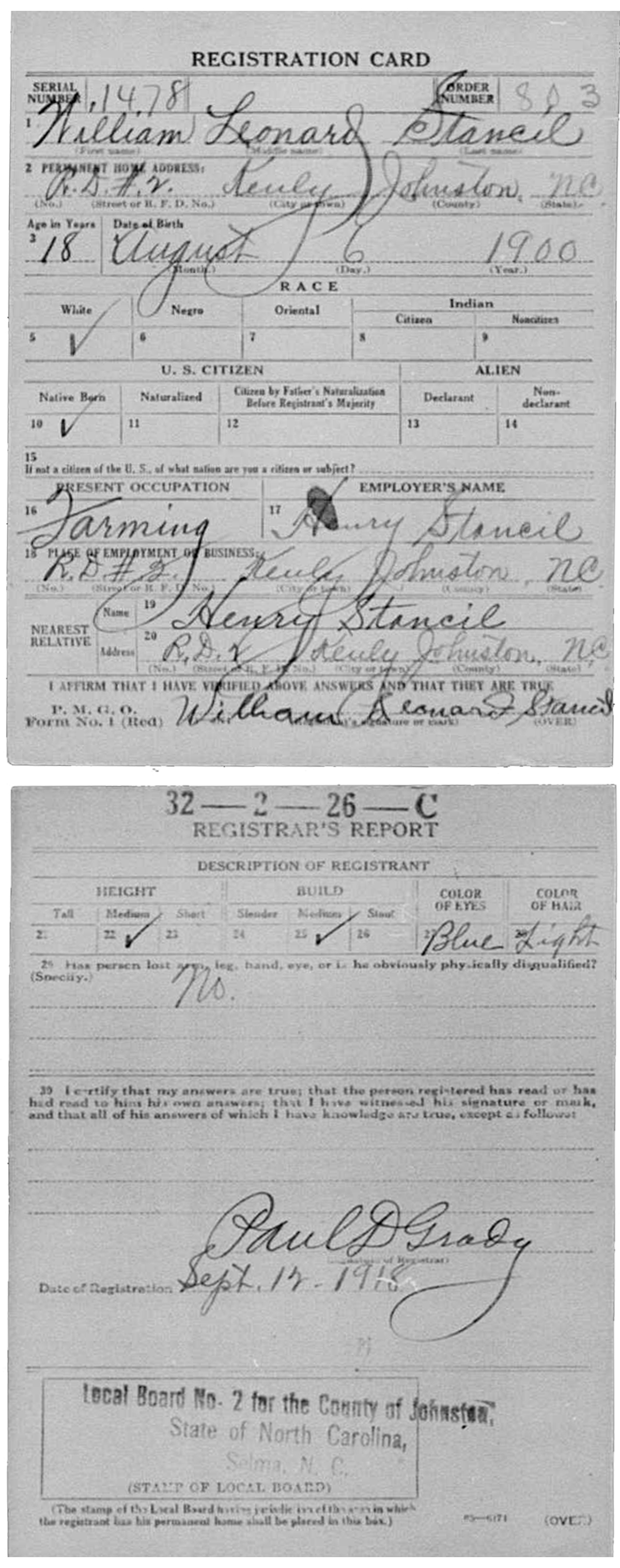 William Leonard Stancil's draft card was filled out in 1918.