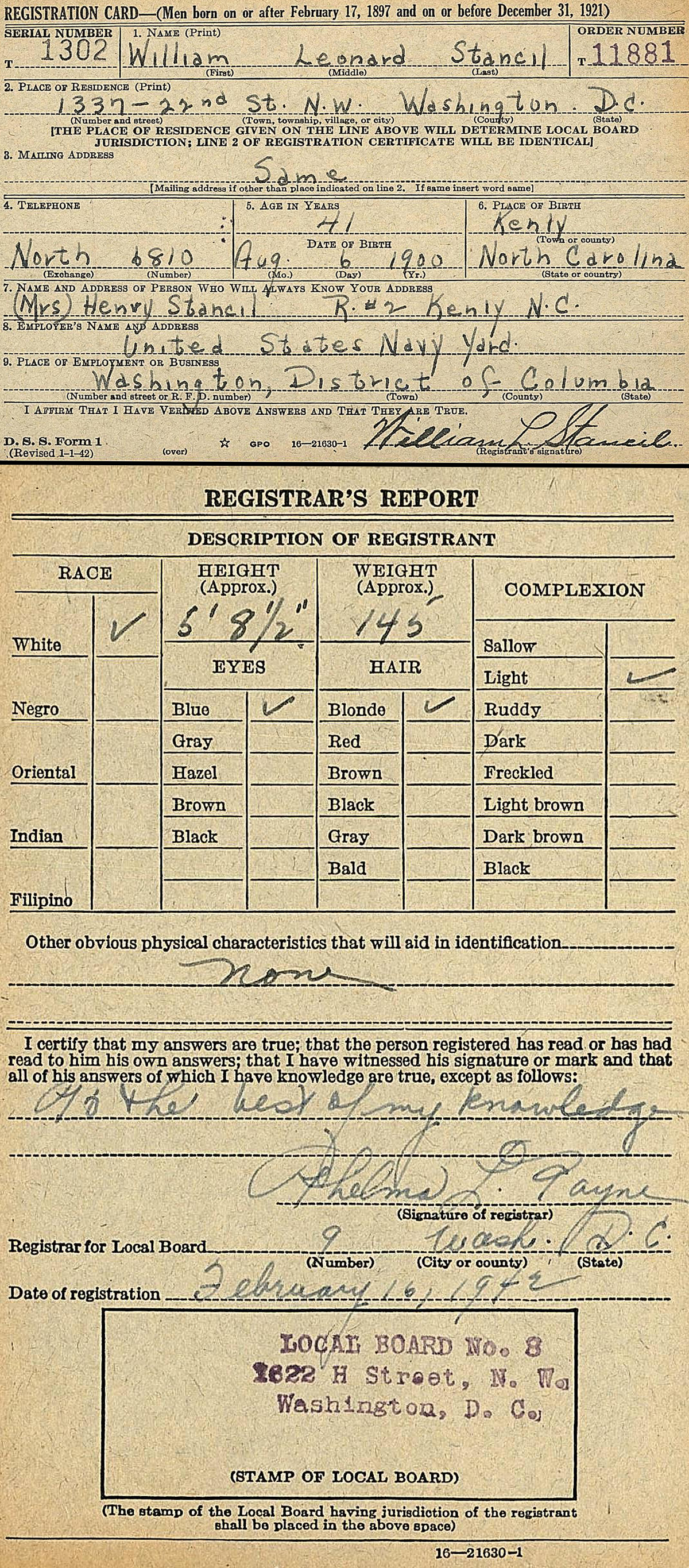 William Leonard Stancil's draft card was filled out in 1918.