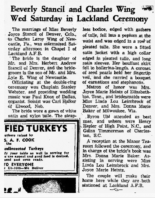 Beverly Stancil-Charles Wing wedding announcement in the San Antonio Express-News.