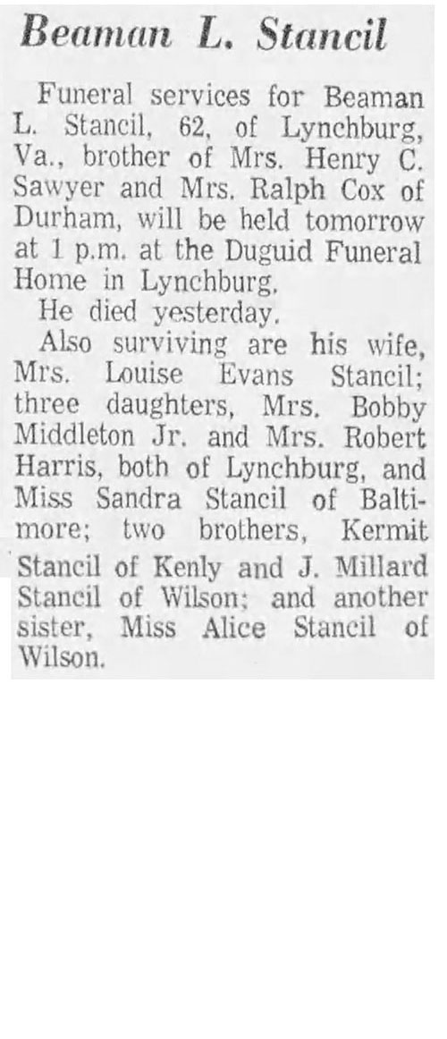 Beaman Stancil died March 27, 1969.