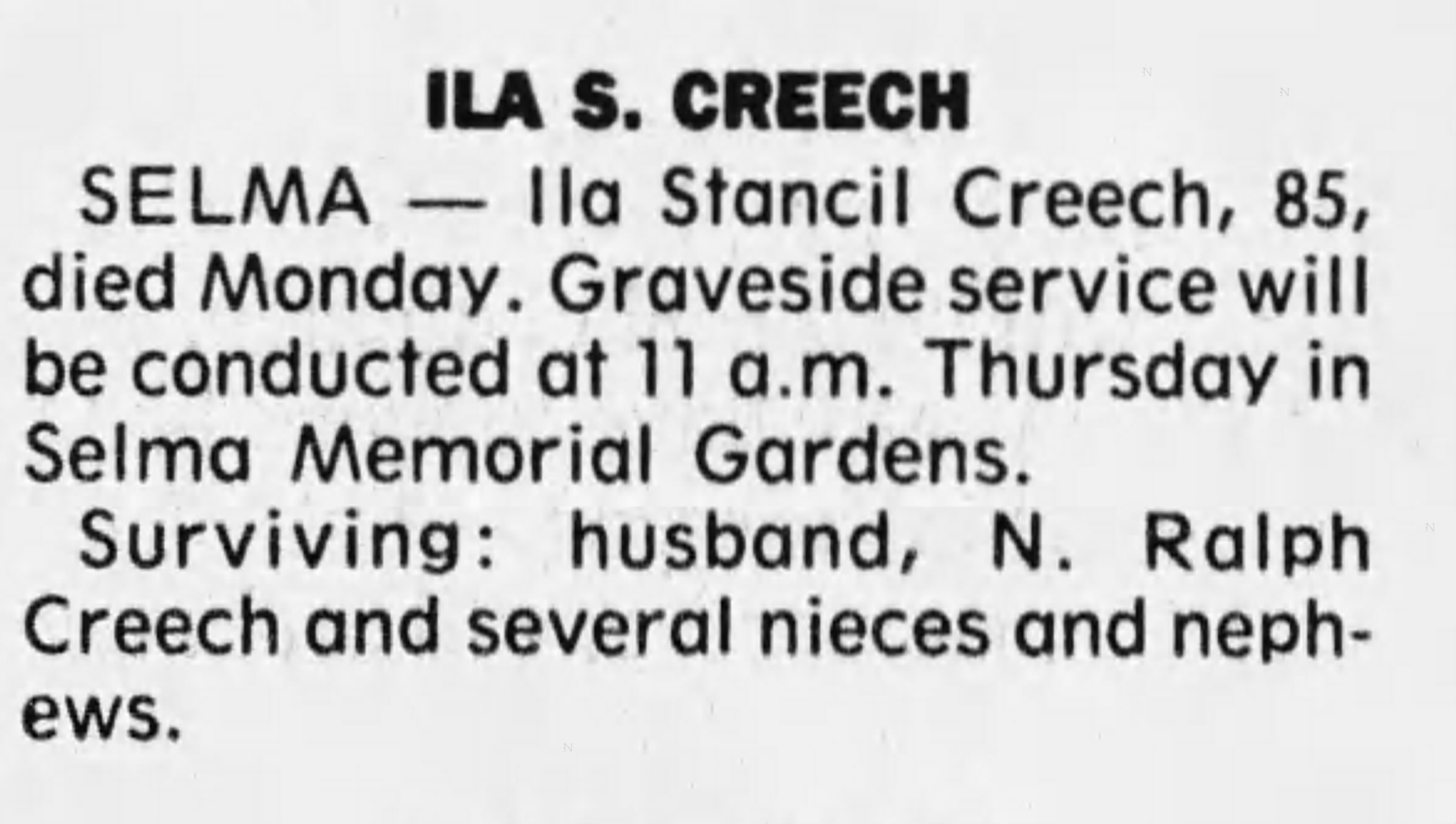 Ila Stancil Creech obituary, 1994