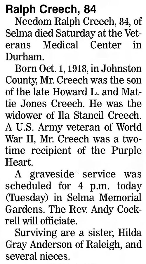 Ralph Creech obituary, 2003