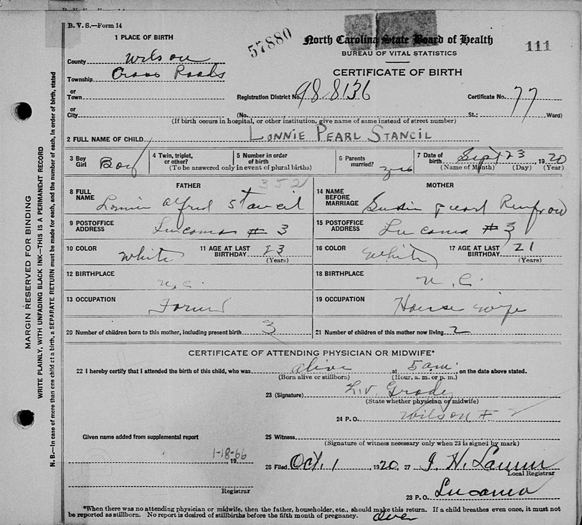 Lonnie Pearl Stancil Birth Certificate