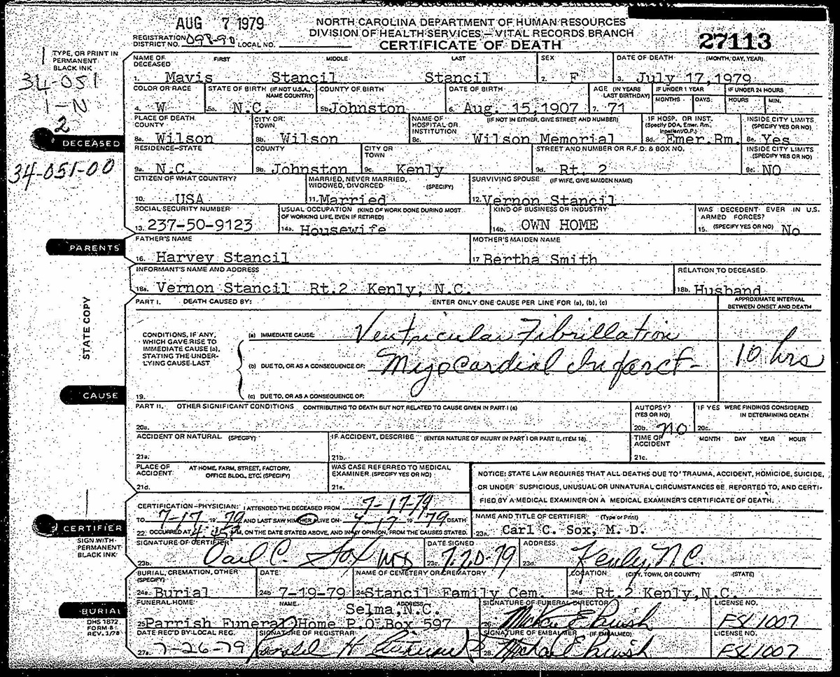 Delanie Mavis Stancil Stancil's death certificate.