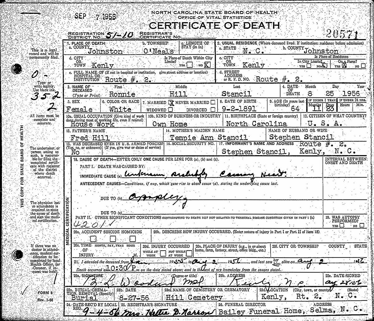 Ronia Hill Stancil death certificate.