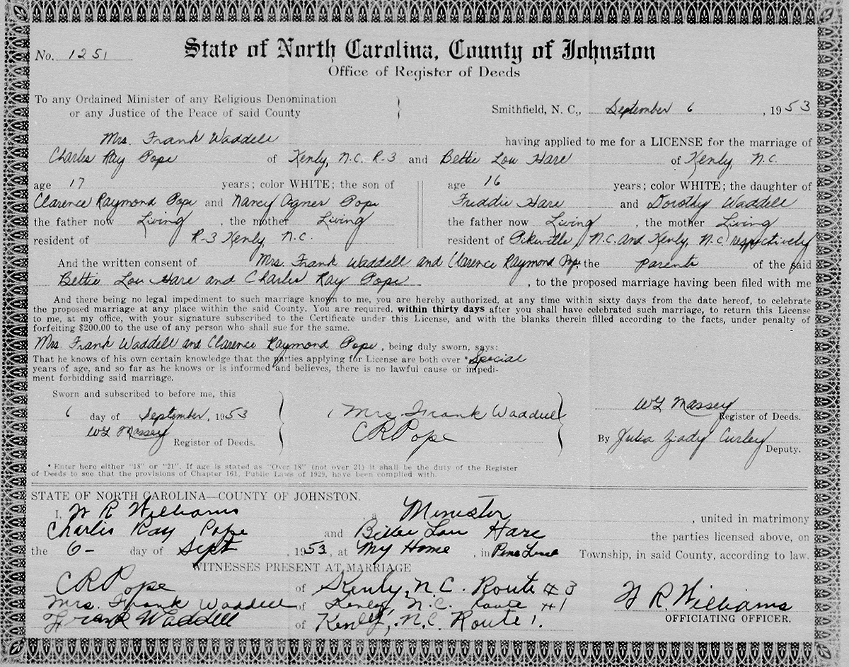 Charles and Betty Lou married in Pine Level.