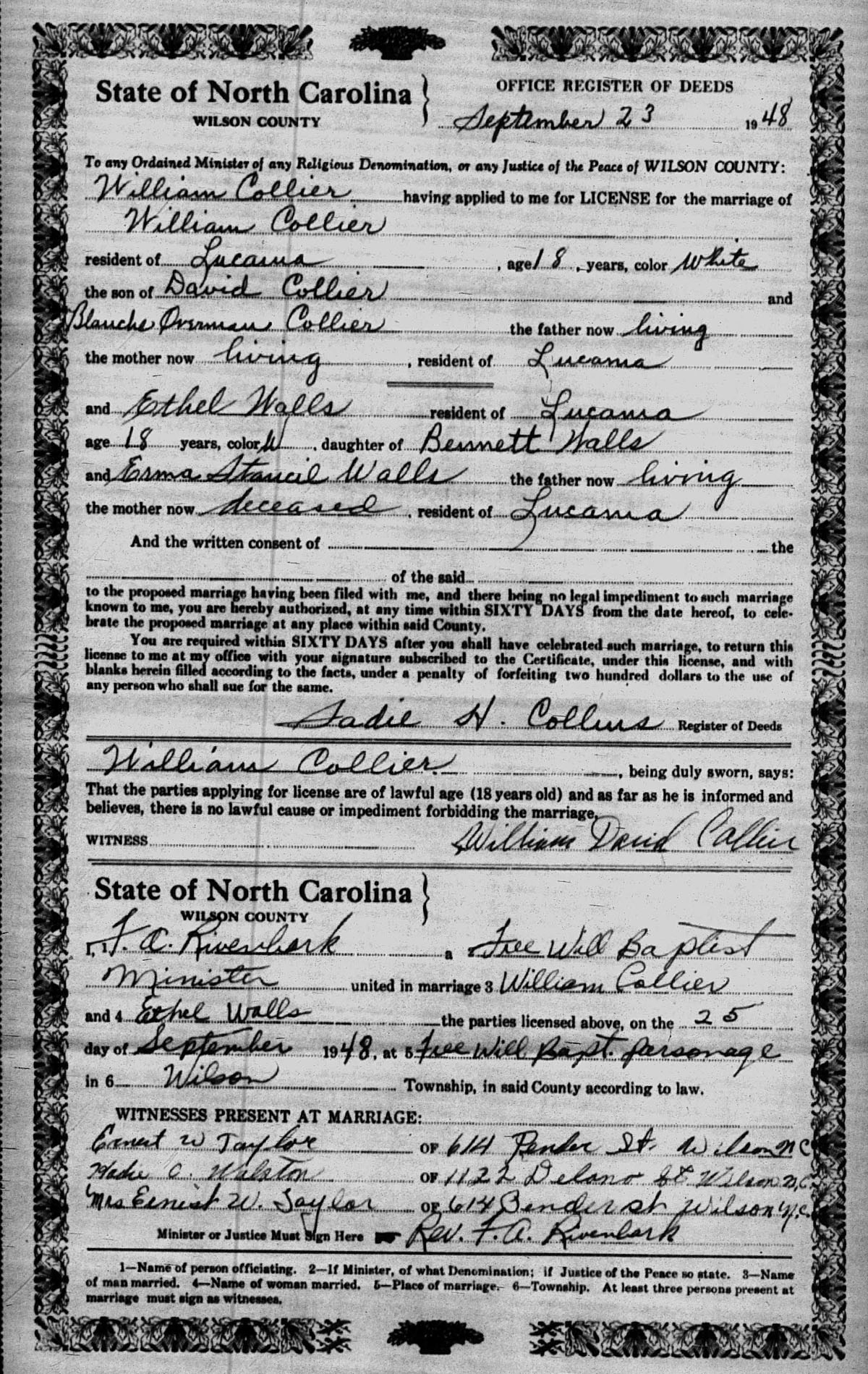 Ethel Mae Walls married William David Collier on Sept. 25, 1947, in Wilson, North Carolina.