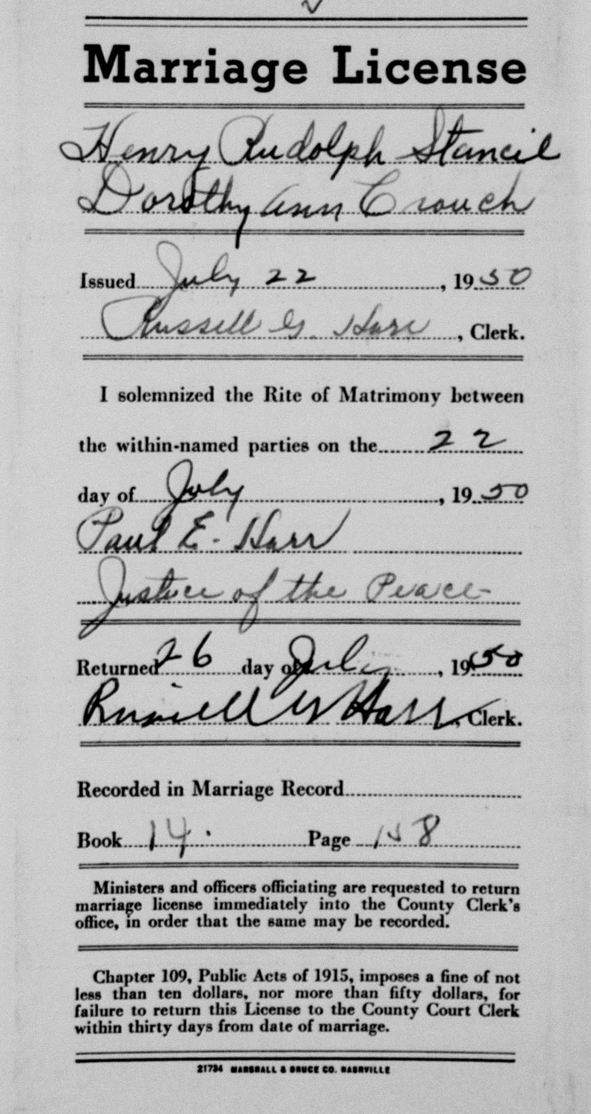 Henry Rudolph Stancil's marriage license.