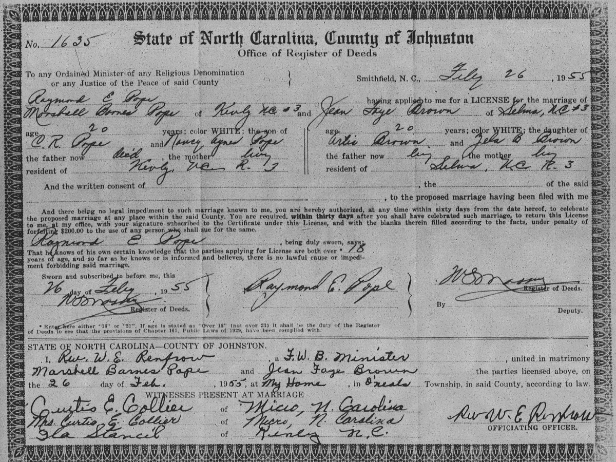 Marshall Barnes Pope married Jean Faye Brown on Feb. 26, 1955, in O'Neals Township in Johnston County, North Carolina.
