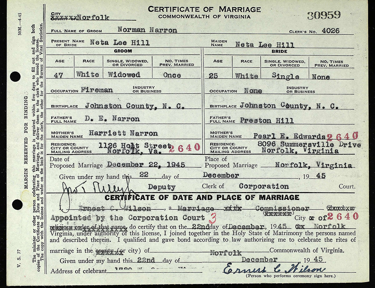 Neta married Norman Marion Narron on Dec. 22, 1945, in Norfolk, Virginia.