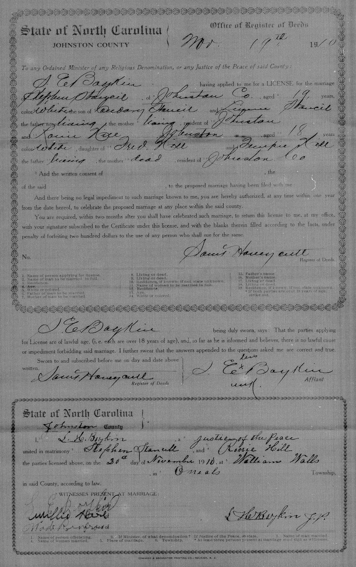 Ronia Hill marriage certificate.
