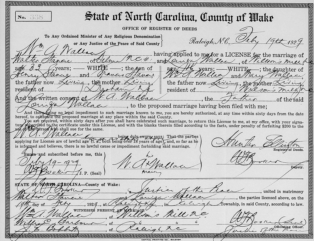 Walter Greene Stancil married Louise Wallace on Feb. 19, 1929, in Raleigh, North Carolina.