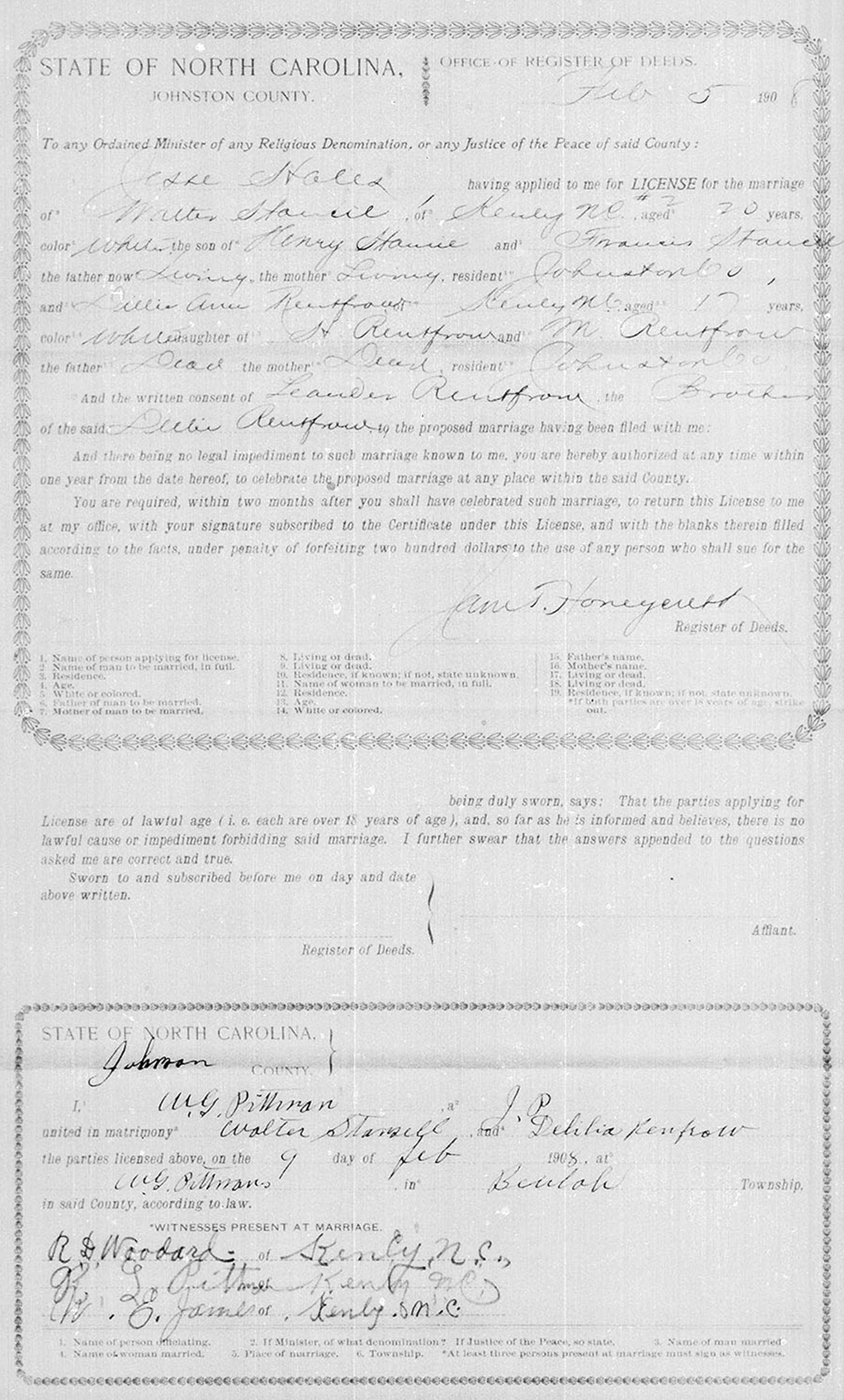 Walter Greene Stancil married Dillie Ann Renfrow on Feb. 9, 1907.