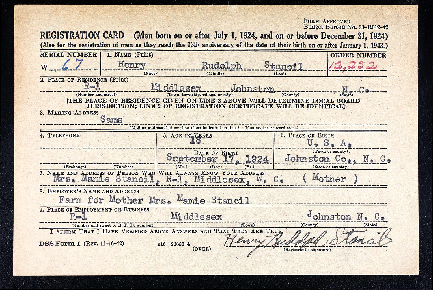 Henry Rudolph Stancil's draft card from 1942.