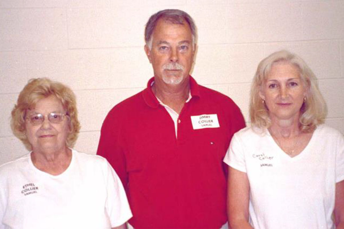 Jimmy Collier, center, with his mother Ethel and wife Carol at the 2001 Stancil Family Reunion.
